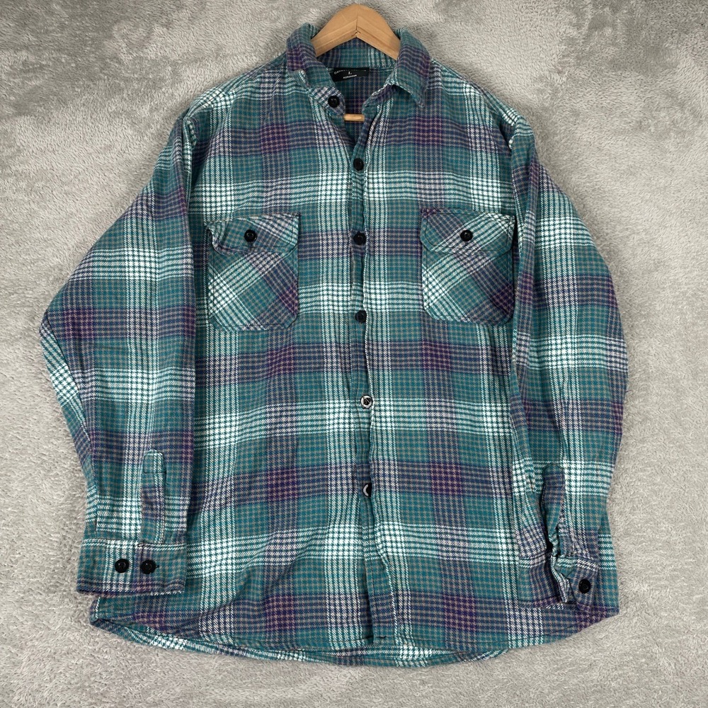 Oakwood Mountain Flannel Shirt Mens Large Teal‎ Plaid Button Up Cotton Workwear